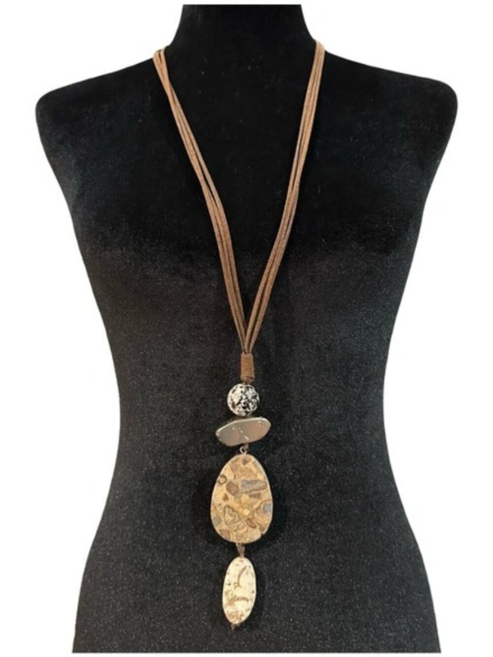 Talbots Necklace Natural Jasper Leather Strand Long Length Womens Jewelry